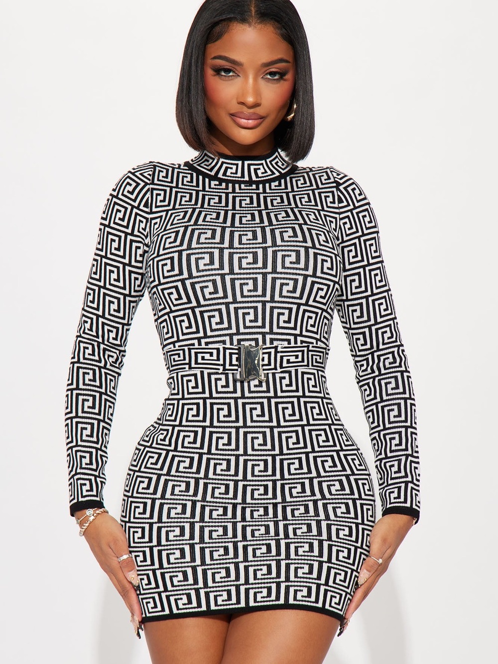 New without tag Black & White Geo-Print Long Sleeve Mini Dress